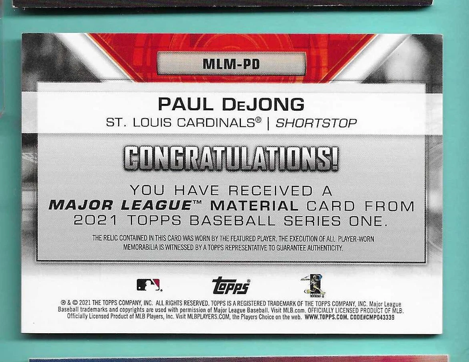 2021 Topps Major League Player Worn Material Relic /199 Paul Dejong #MLM-PD AB - Image 2 of 2
