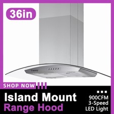 36 inch Island Mount Range Hood 900CFM Kitchen Fan 3-Speed Tempered Glass w/LEDs
