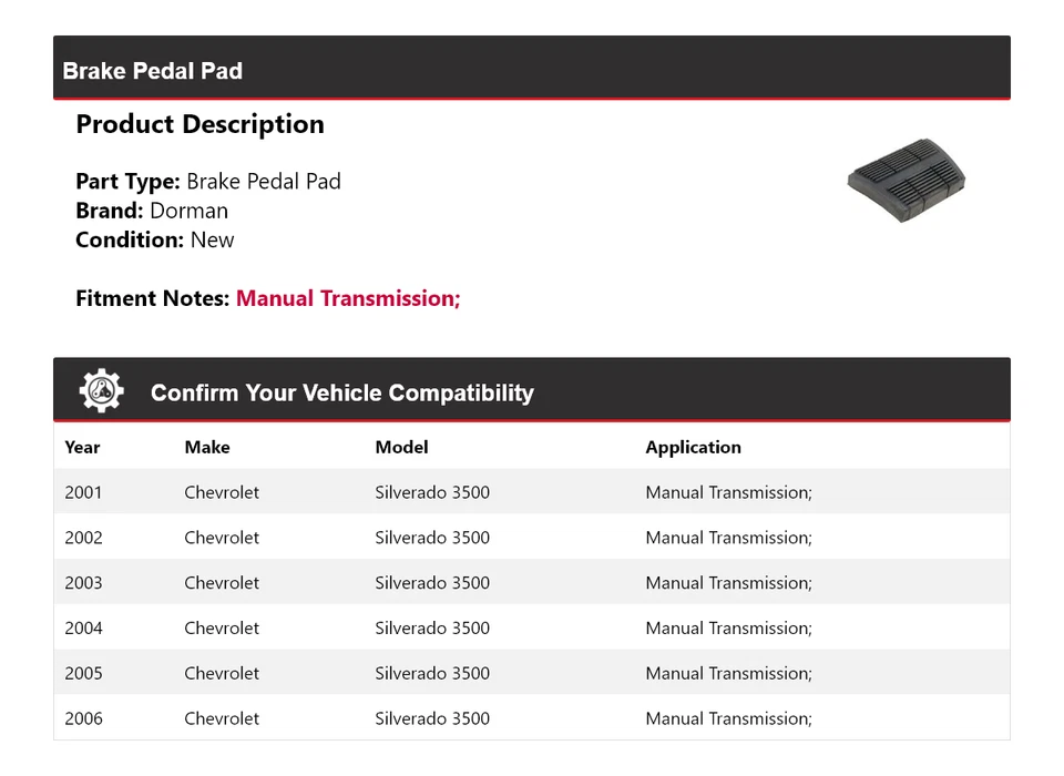 Pastilla de pedal de freno para Chevrolet Silverado 3500 Dorman 2001-2006 2002 2003 2004 Foto 2 de 4