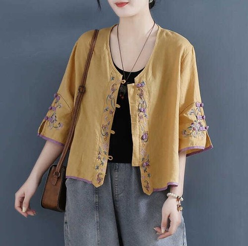Damen Shirt Leinen Chinesischer Stil Rundhals Cardigan Bluse Stickerei Retro - Bild 9 von 21