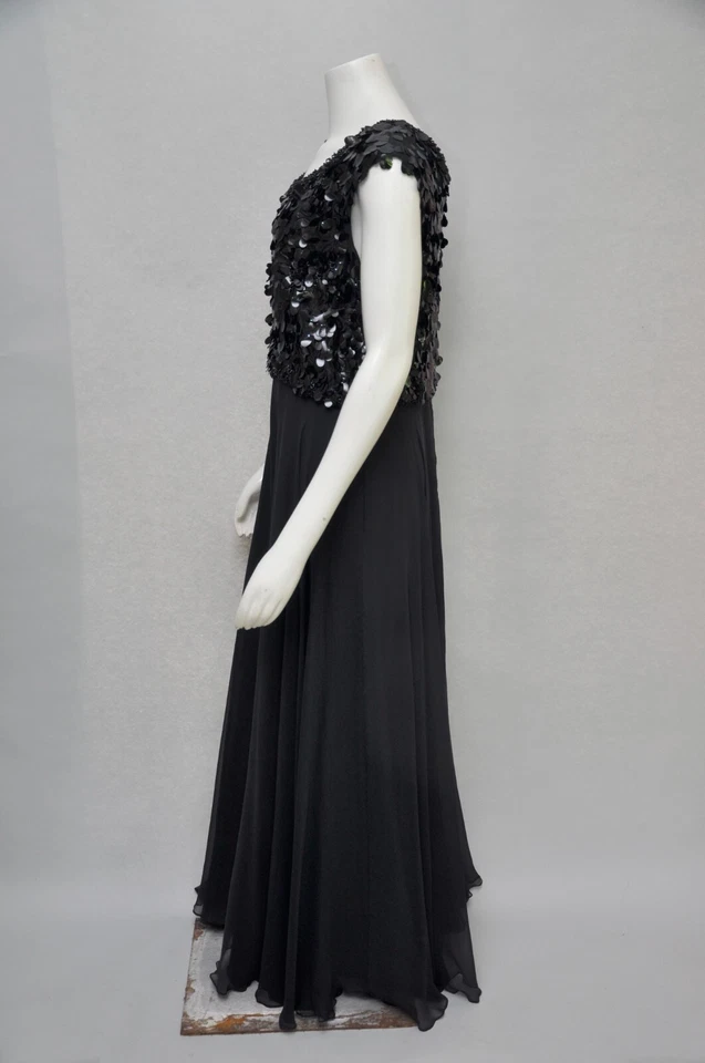 Винтажный 1960-х черный шелк шифона вечеринки макси платье блестки бисер официальный L/XL - Изображение 3 из 4