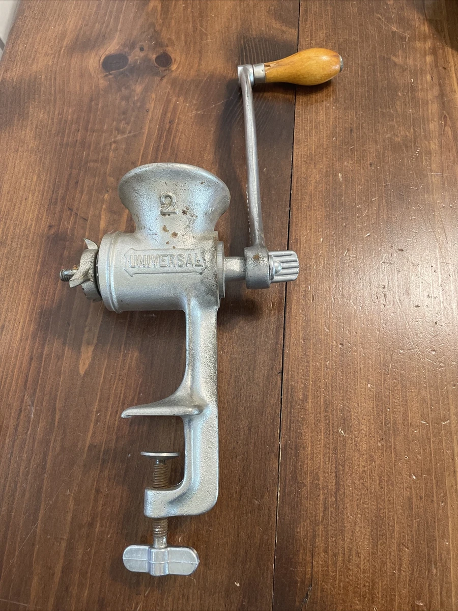 VTG UNIVERSAL 2 Hand Crank Meat Grinder w Table Clamp USA Wood