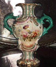 Opulent Antique H & R Daniel Style Rococo Handled Hand Painted Gadrooned Vase