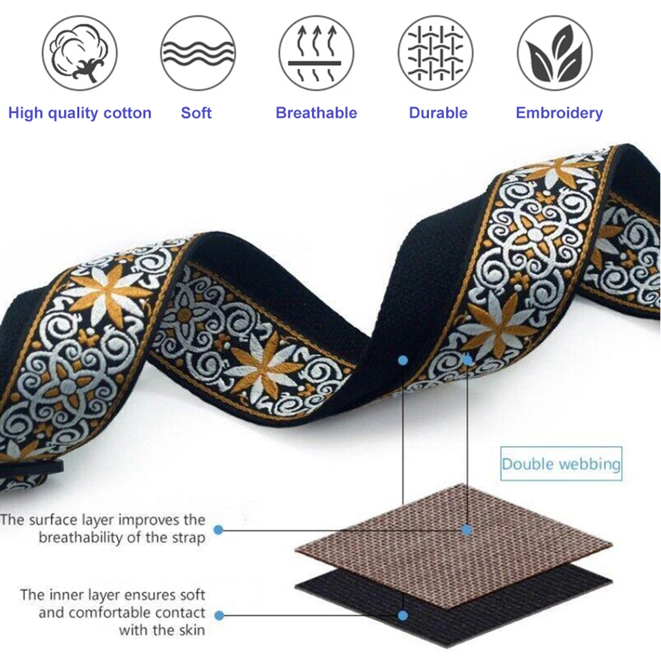 Correa de Guitarra Ajustable Eléctrica Acústica Bordada Guitarra Bohemia Correa Suave Foto 2 de 4