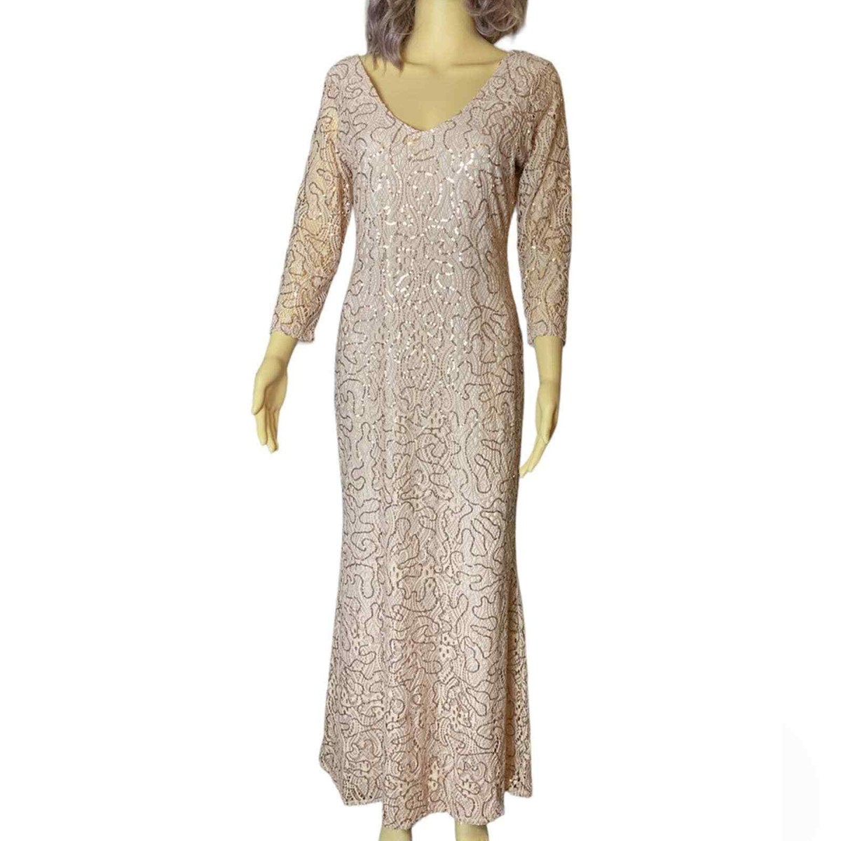 Nordstrom's Marina Sequin 3/4 Sleeve V-neck Gown Size Rose Gold