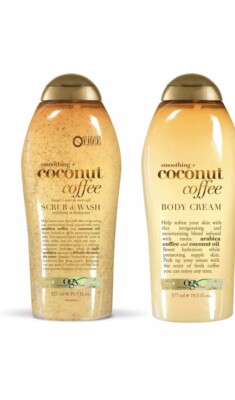 Lot Of 2 OGX Coconut Coffee Scrub and Wash Body Wash and Body Cream 19.5 Oz