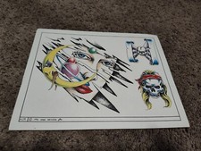 RARE Wade Swisher 1992 A29 Flash Sheet Tattoo Art Vintage Skull Moon Color