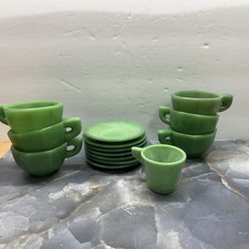 14pc Akro Agate Green Glass Kids Tea Set Collection Slag Vintage Mini Cups