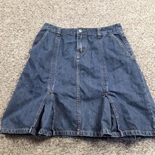 Eddie Bauer Denim Blue Jean Skirt Women s 10P Petite Pleat Dark Wash