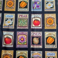 Timeless Treasures Seed Labels  Cotton Fabric 36" x 40" Fruit Flowers Vegies 