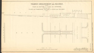 Vorgeschlagenes Straßenviadukt der THAMESDAMM. Schloss Eingang. HENRY BIRD 1855 Karte