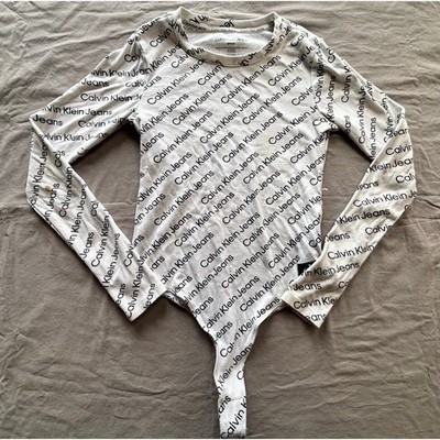 Calvin Klein Jeans Womens White Logo Print Long Sleeve Bodysuit Size Small