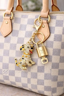 Authentic Louis Vuitton Gold Padlock & Key w/Unbranded Rhinestone Dog Keychain