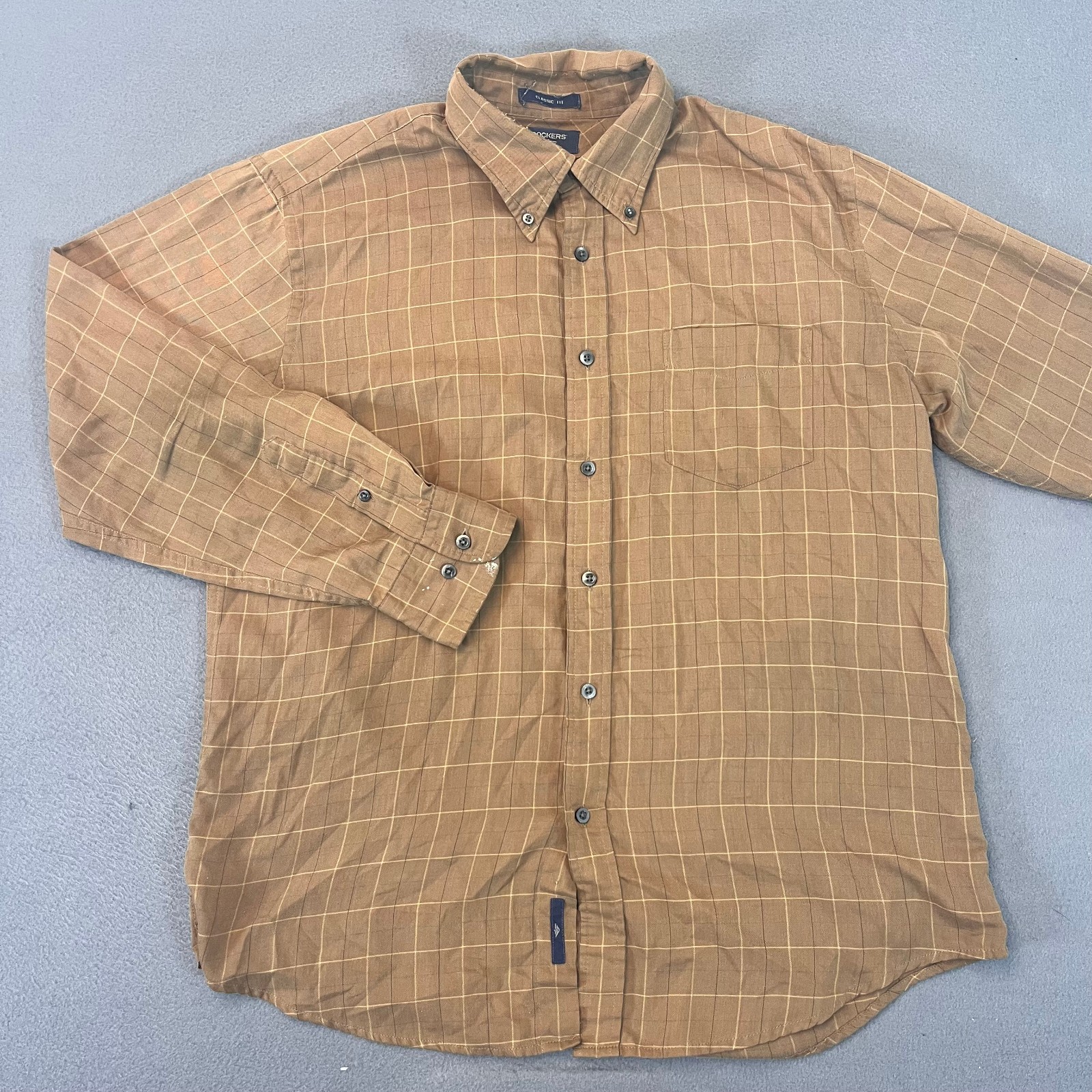 Dockers Mens Large Button Up Plaid Brown Stain Defender Classic Fit No Wrinkles