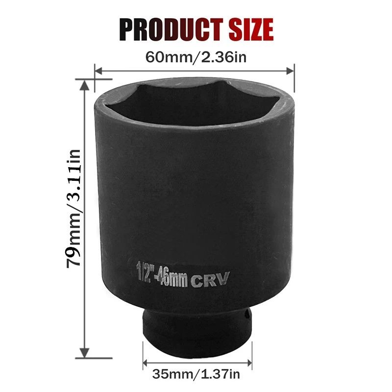 Professional Heavy Duty 1/2" 46mm 6 Point Deep Impact Socket 79mm Long Tools - Image 3 of 4