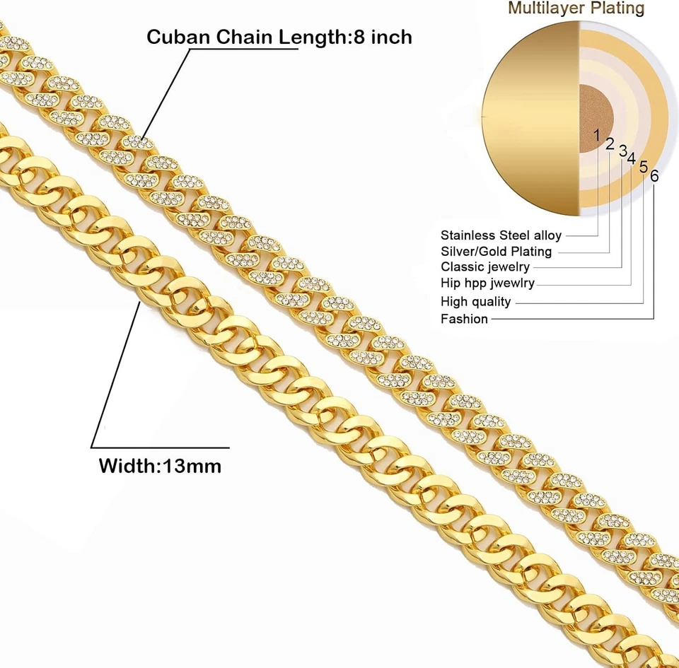 Brazalete de eslabones cubanos helados para hombre, joyería hip hop de diamantes, regalo de 8 mm/13 mm Foto 4 de 4