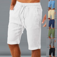 Cotton Linen Mens Elastic Waist Drawstring Cargo Shorts Chino Casual Half Pants
