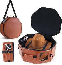 Vegan Leather Octagonal Cowboy Hat Case for 5 Wide Brim Hats, Brown
