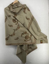 ALLWIN Scarf 100% Pure Wool Kashmiri Shawl Wrap Floral Paisley Beige 37" x 78"