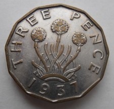1937 BRASS THREEPENCE BEEN SILVERED