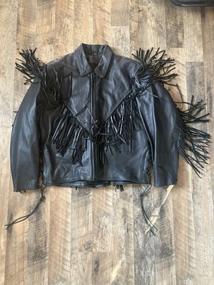 UNIK Premium Black Leather Fringe Motorcycle Jacket XXL Braided Western Lace-Up
