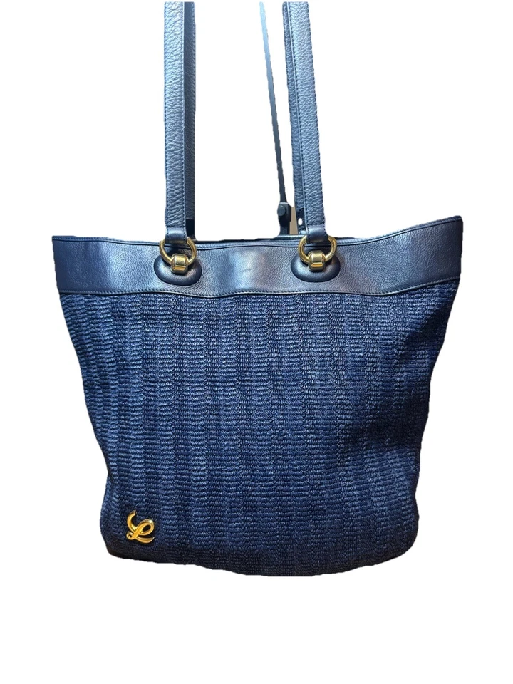 LOEWE Woven Navy Blue Tonal Striped Raffia Shoulder Bag Beach Bag Auth Vacay - Image 4 of 4