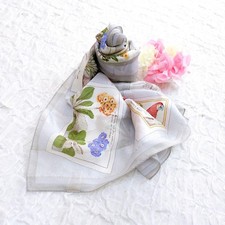 Marca Yokohama Silk Scarf 88cm Large Light Blue Floral Bird Japan Vintage