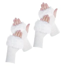 Winter Faux Fur Fingerless Gloves Faux Fur Half Finger Regular Standard White