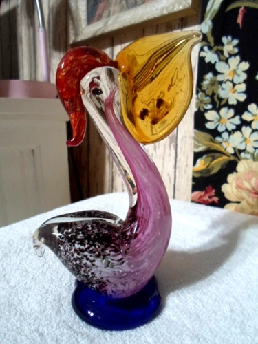 Vintage Murano Art Hand Blown Glass Pelican Figurine Fish in Mouth NICE!
