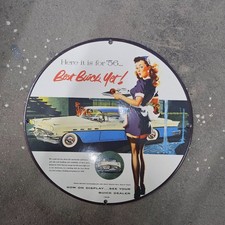 Vintage 56 Buick Pinup Us Gasoline Oil Gas Pump Enamel Porcelain Sign