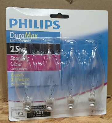 Philips Duramax 25W Clear Bent Tip Candelabra Base BA9 Bulbs 4 Pack