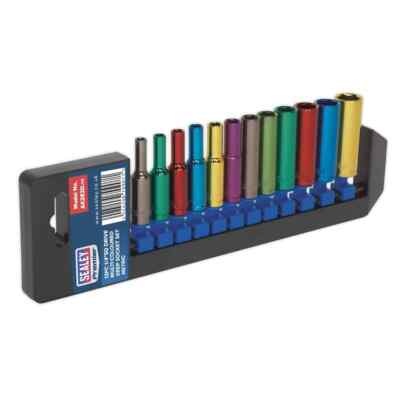 Sealey Multi-Coloured Socket Set 12pc 1/4''Sq Drive Deep WallDrive  Metric Gar...