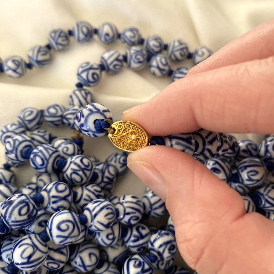 Collar de cuentas de porcelana pintado a mano de colección broche de oro anudado a mano 24" Foto 2 de 4