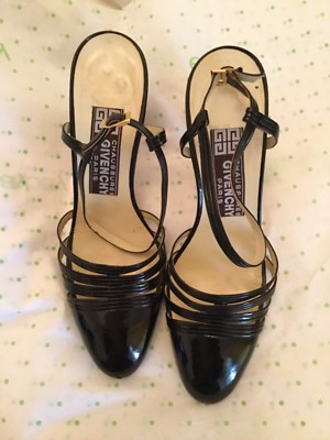 VINTAGE Chaussures Givenchy Paris Black Patent Leather Slingbacks w/ Repair 