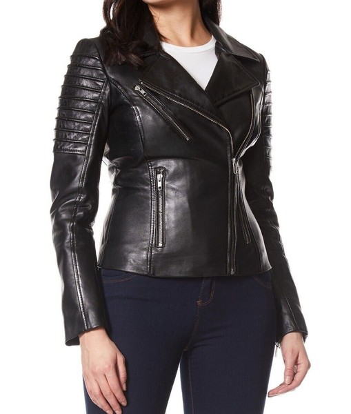 Damen & Schwarz Lederjacke 100% Echtes Weiches Lammleder Biker Mantel Jacke-image