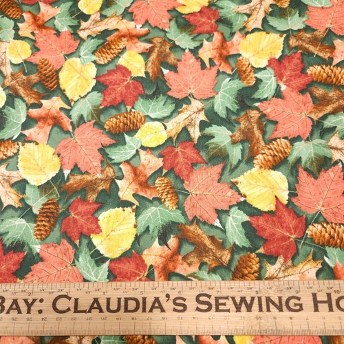 North Woods Fall Leaves BTY Cynthie Fisher Quilting Treasures Pine Cone on Green - Picture 2 of 3