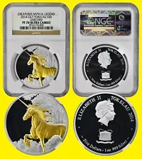2014 UNICORN 1 oz Silver UNICORN  GILT NGC   PF 70 ULTRA CAMEO
