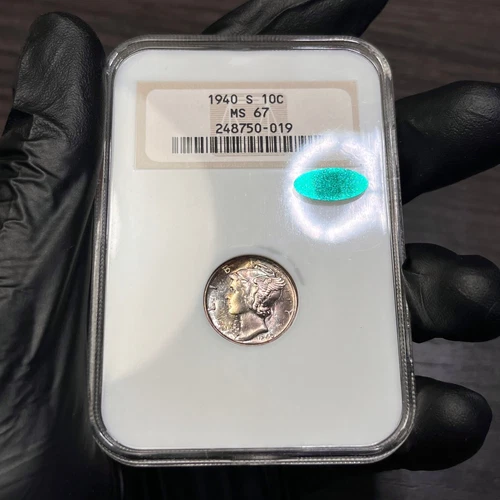 MS67 CAC 1940-S 10C Mercury Silver Dime, NGC- Old Fatty Holder, Lightly Toned