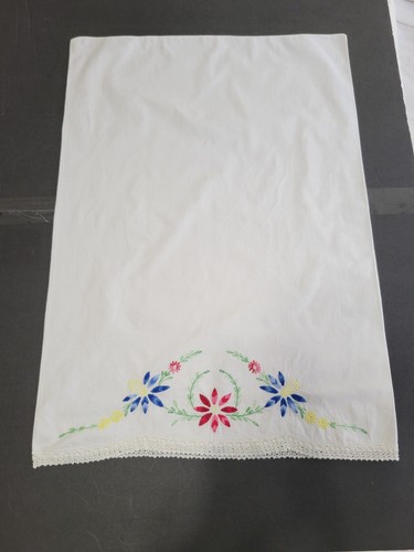 Vintage Baumwolle Kissenbezug Handbestickt Rot Blau Blumen Häkelborte 20"x29" - Bild 2 von 9