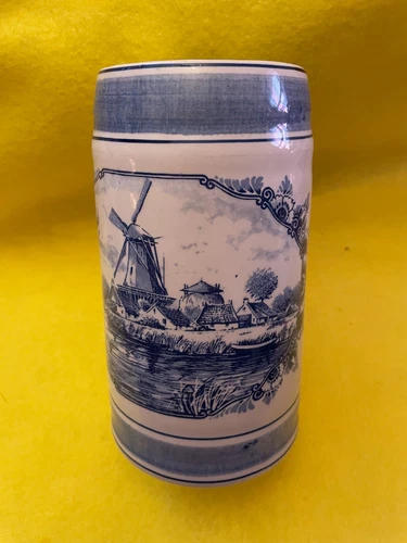 Delft Holland Hand Painted Tall Mug/Stein Delft Blue Windmill Sailboat Scene