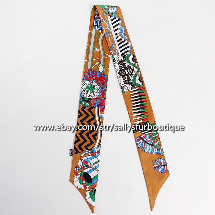 Sallys 100% Silk Scarf Ribbon Geometric Print Slim Bag Head