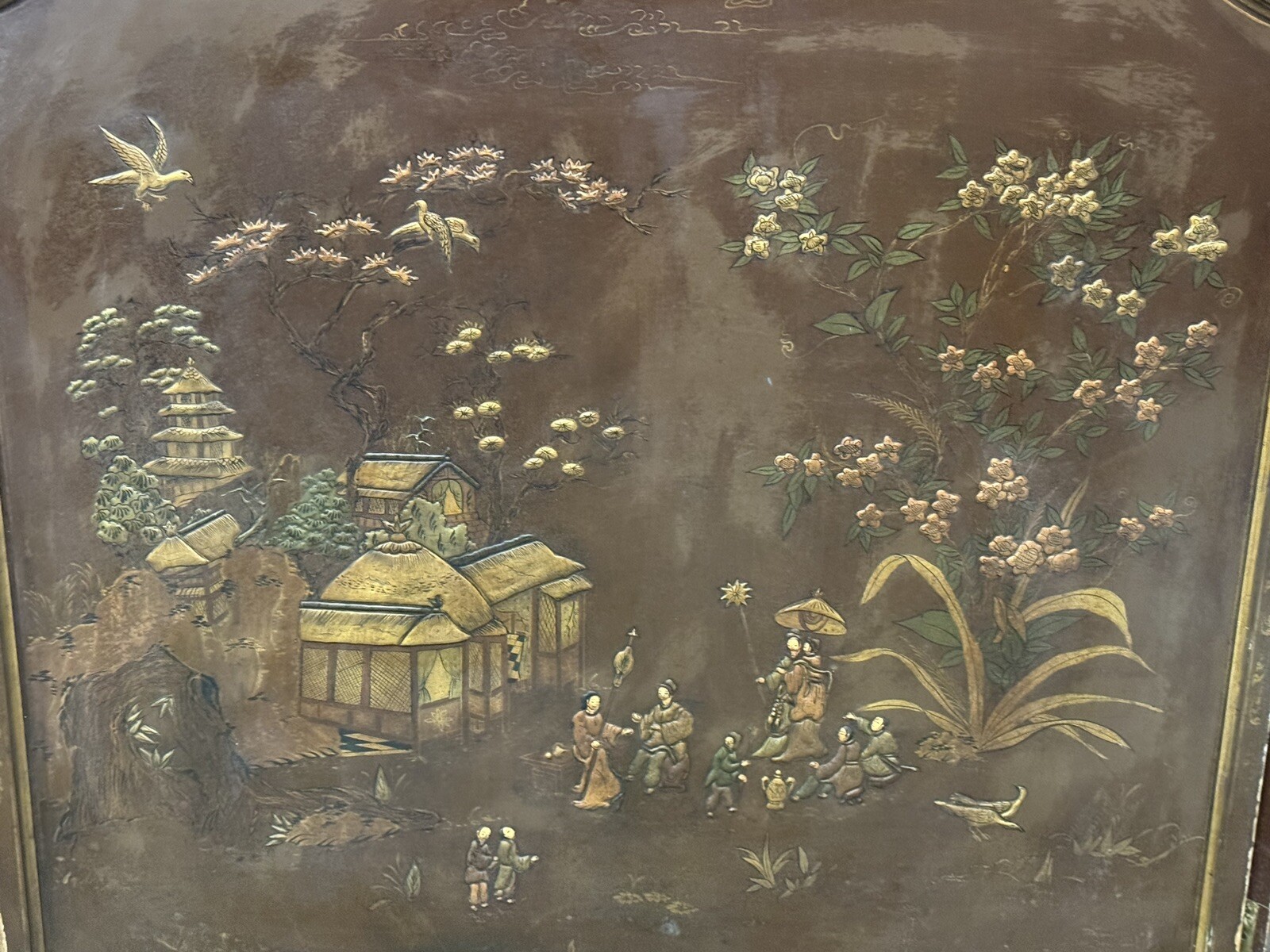 Vintage Chinese 3 Panel Screen Wall Art Inlaid Deities Village Scene Gold Accent