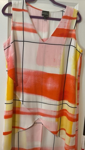 COCO BLANCO Mujer Talla L Colorido Alto-Bajo Top Naranja-Blanco Multi Estampado Nuevo sin Etiquetas - Imagen 2 de 4