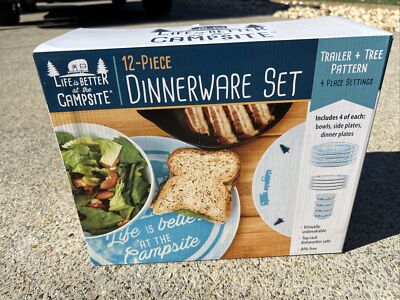 Sets Camco Life is Better at The Campsite 12 Piece Dishware Set TRAILER  TREE