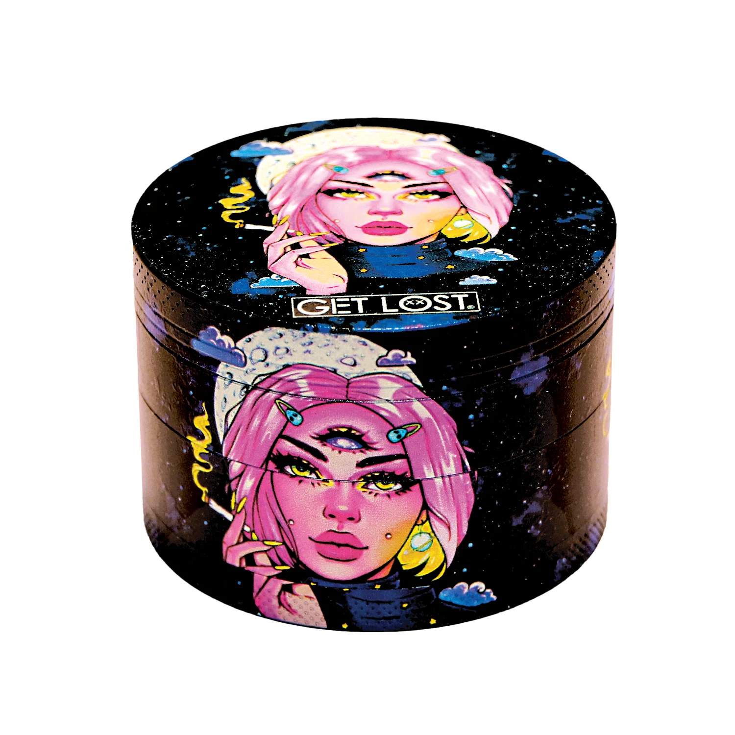 Galaxy Herb Grinder 63mm 4 PCS Herb Metal Grinder Spice Magnetic Lid (Pink Hair)