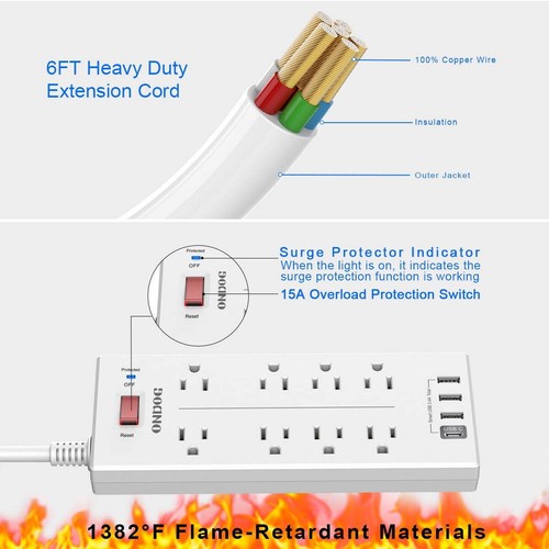 ONDOG 8-Outlet Surge Protector 4 USB Ports – 6 Ft Power Strip for Home & Office - 第 6/11 張圖片