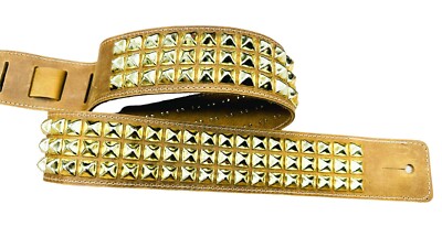 Studded Guitar Strap 3 Row Gold Pyramid Stud Genuine Black  display picture 2