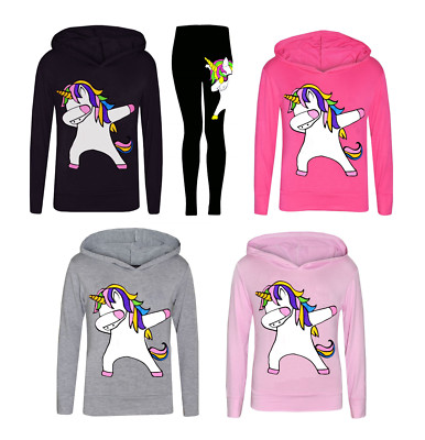 Dabbing Floss Mädchen Regenbogen Einhorn Kapuzen Top oder Crop Top Legging Set