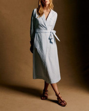 Sezane Wrap Style Striped Printed Midi Dress Long Sleeve Cotton S-36 287917