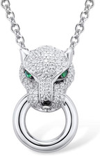 Collana Con Ciondolo a Pantera in Argento Sterling 925 Con Pietre Verdi E Zircon